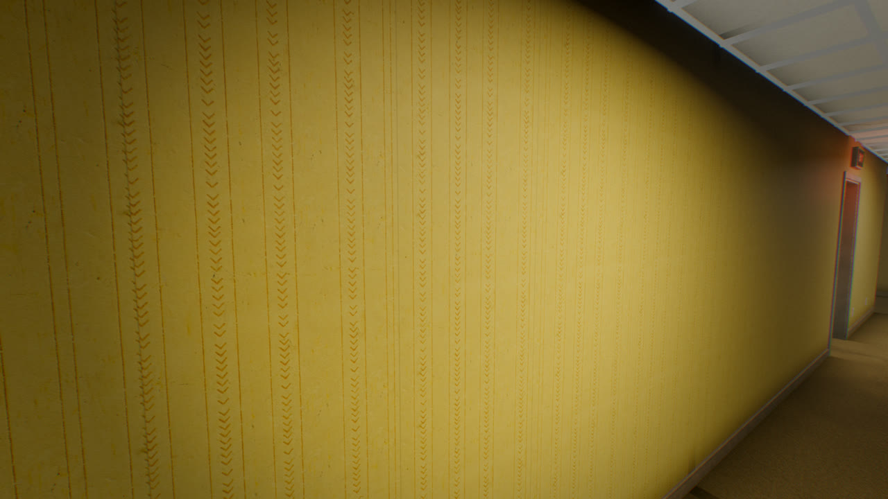 A long fluorescent-lit yellow corridor
