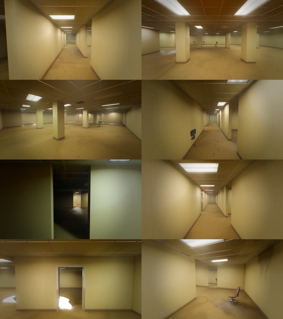 A grid of early look-development renders of yellow office rooms