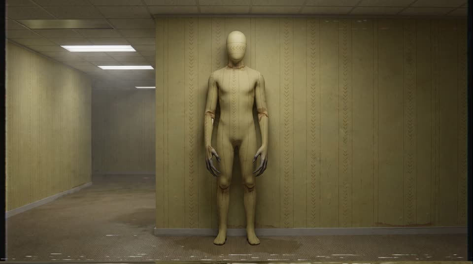 A pale faceless humanoid concept standing against a yellow wall