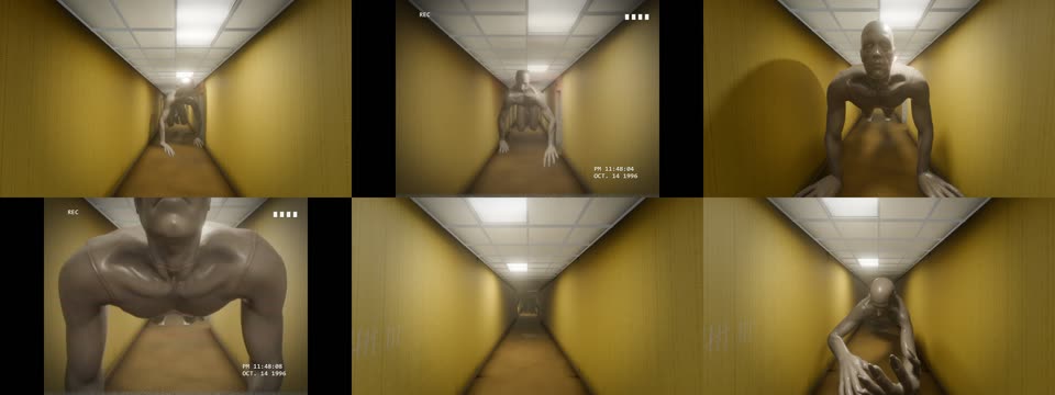 Six look-development frames of a pale crawling creature in a corridor